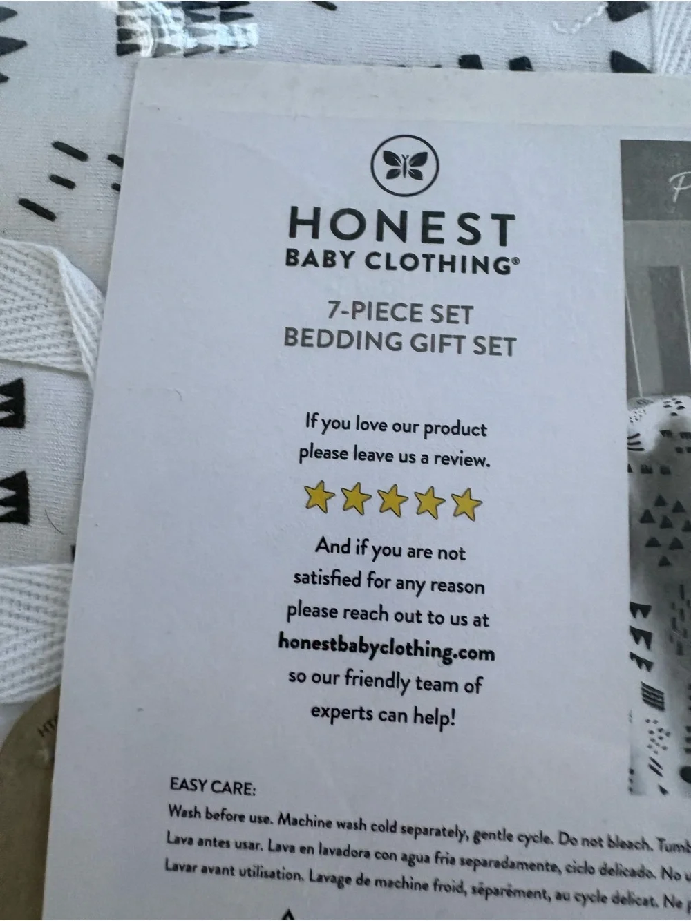 7pc SET HONEST ORGANIC COTTON White & Black Patterned Baby Bedding Set